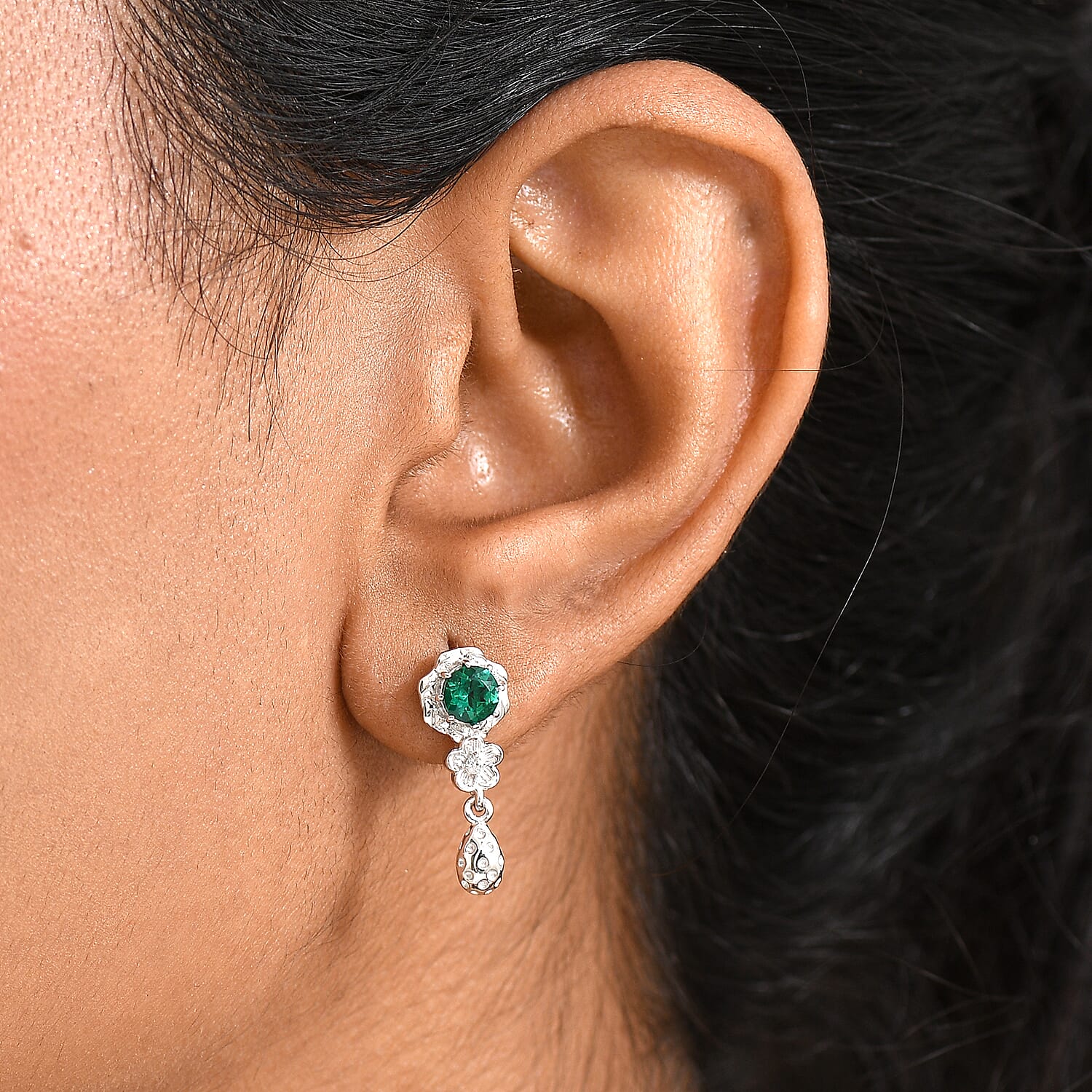 Lab Grown Emerald & White Zircon Dangling Earring in Rhodium Overlay Sterling Silver