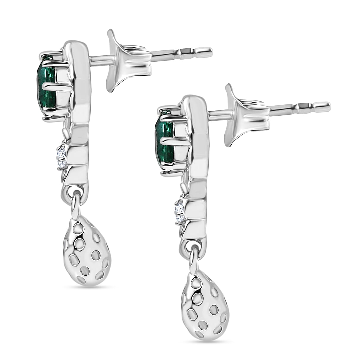 Lab Grown Emerald & White Zircon Dangling Earring in Rhodium Overlay Sterling Silver