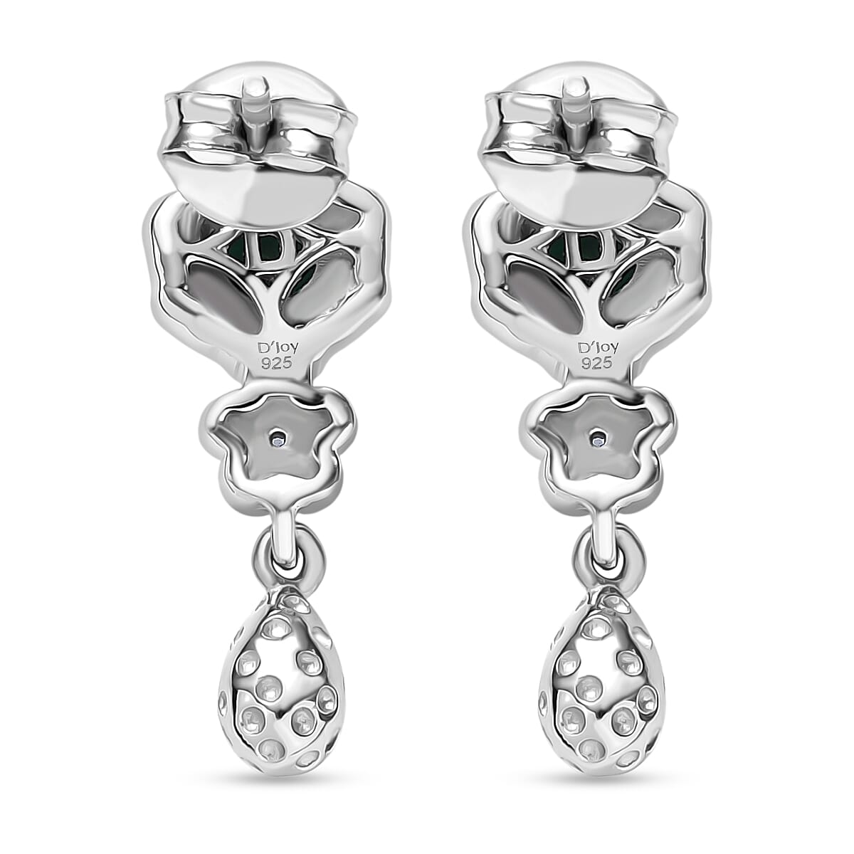 Lab Grown Emerald & White Zircon Dangling Earring in Rhodium Overlay Sterling Silver