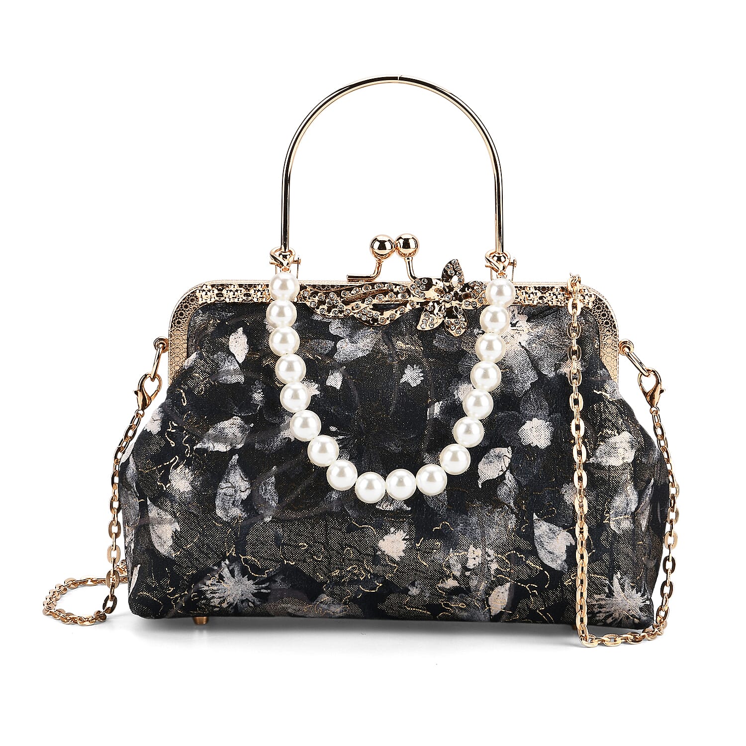 Elegant Embroidery Crystal Clutch Bag with Pearl Handle - Black & Blue