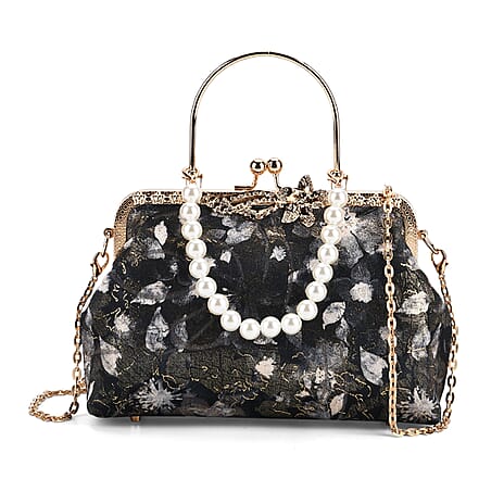 Elegant Embroidery Crystal Clutch Bag with Pearl Handle - Black & Blue