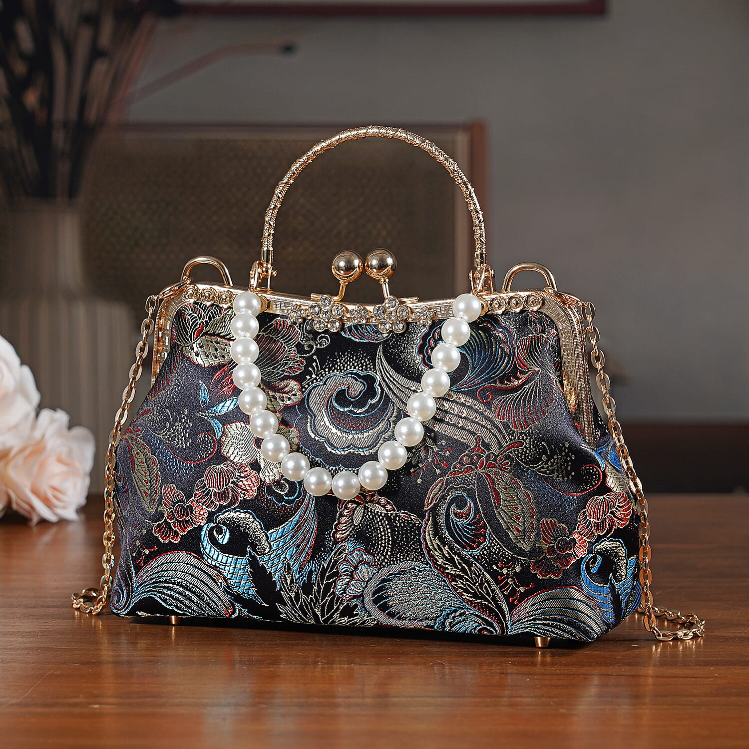 Elegant Embroidery Crystal Clutch Bag with Pearl Handle - Black & Blue