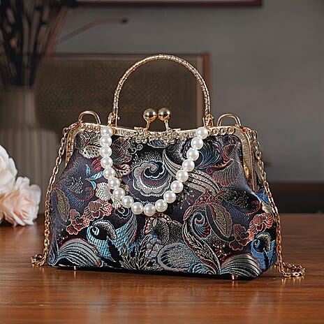 Elegant Embroidery Crystal Clutch Bag with Pearl Handle - Black & Blue