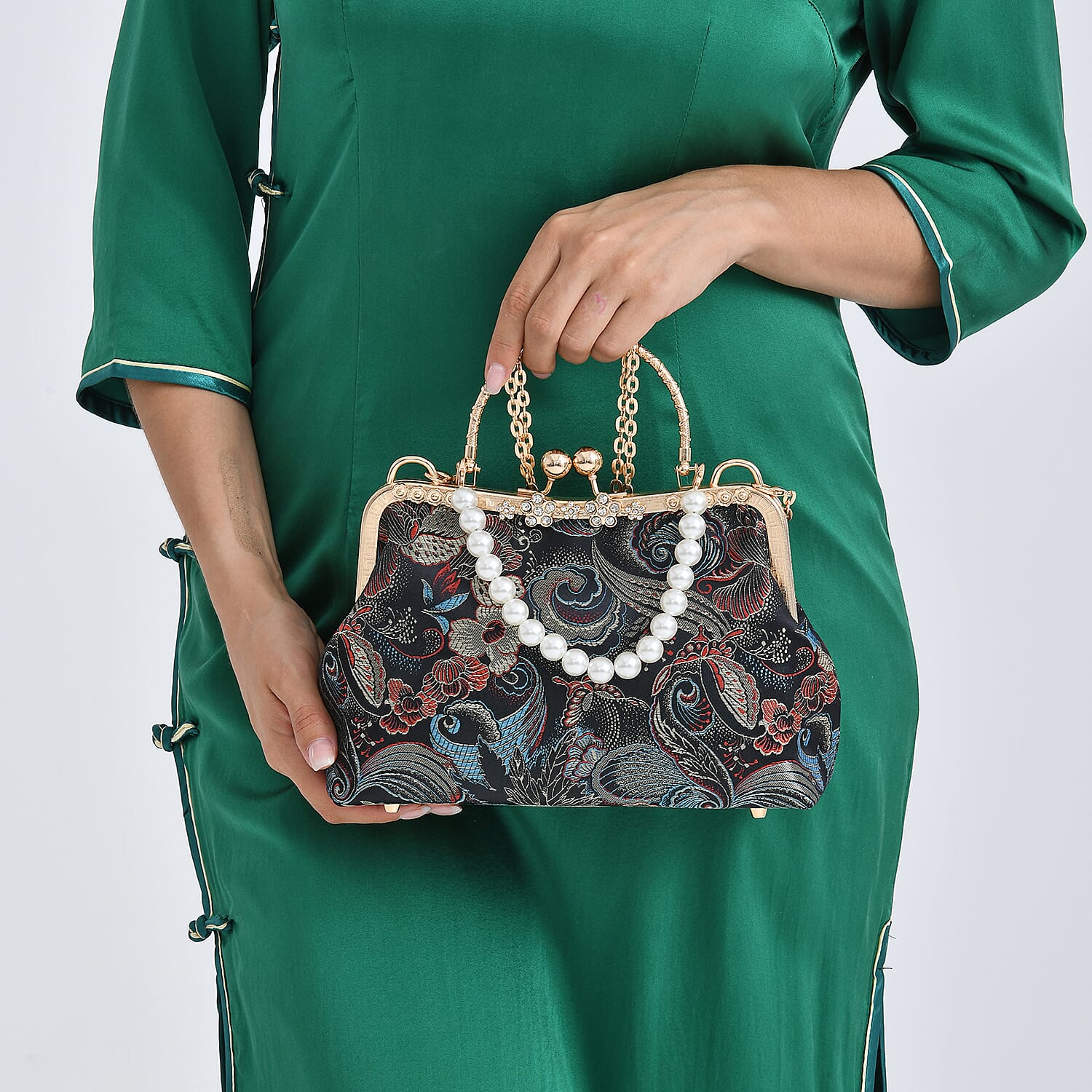 Elegant Embroidery Crystal Clutch Bag with Pearl Handle - Black & Blue