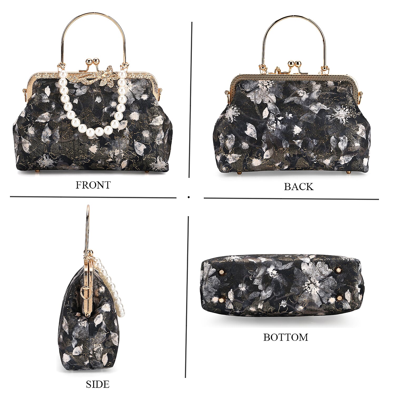 Elegant Embroidery Crystal Clutch Bag with Pearl Handle - Black & Blue