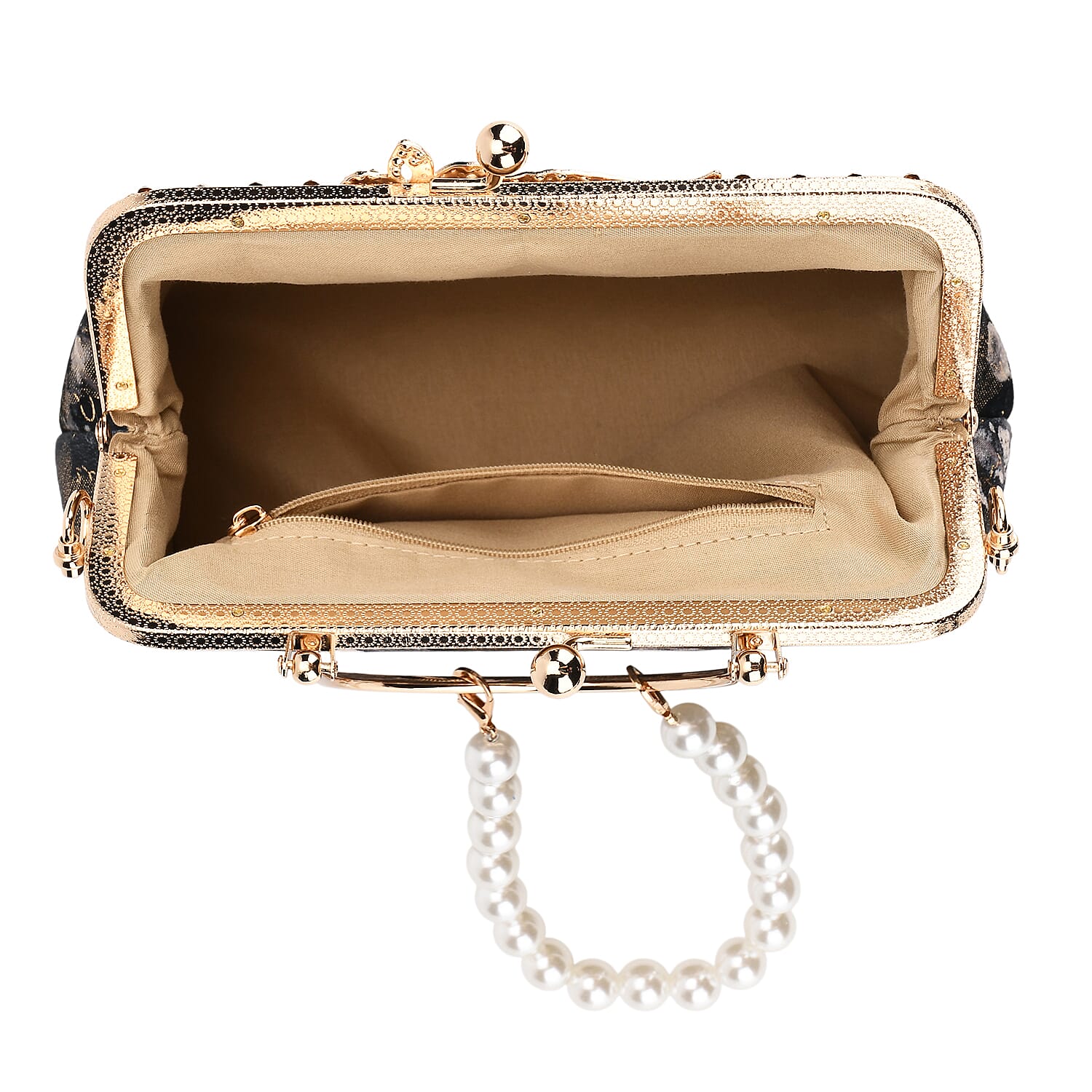 Elegant Embroidery Crystal Clutch Bag with Pearl Handle - Black & Blue