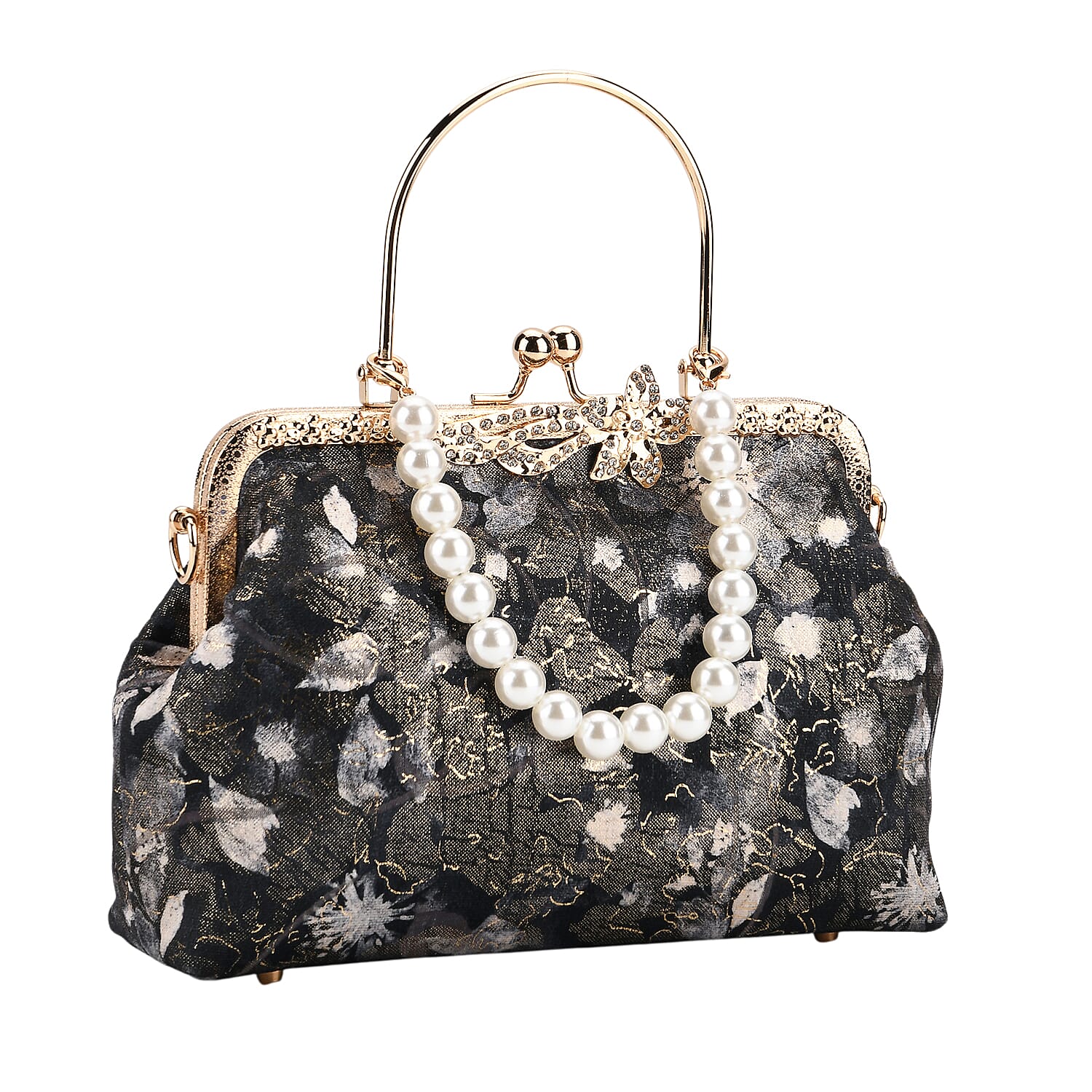 Elegant Embroidery Crystal Clutch Bag with Pearl Handle - Black & Blue