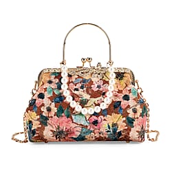 Elegant Embroidery Crystal Clutch Bag with Pearl Handle - Burgundy