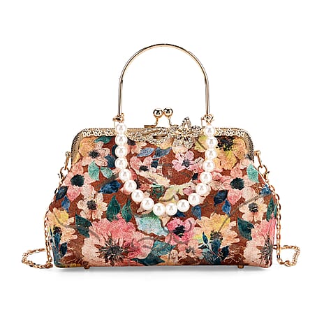 Elegant Embroidery Crystal Clutch Bag with Pearl Handle - Multicolour