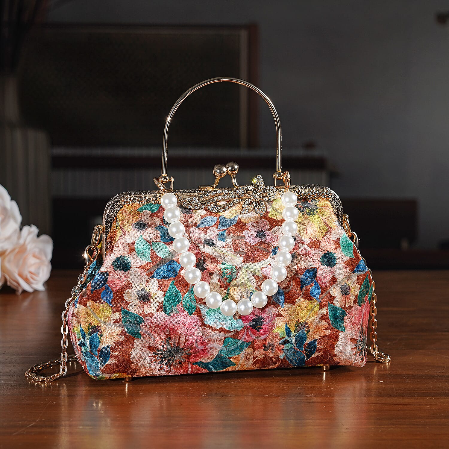 Elegant Embroidery Crystal Clutch Bag with Pearl Handle - Multicolour