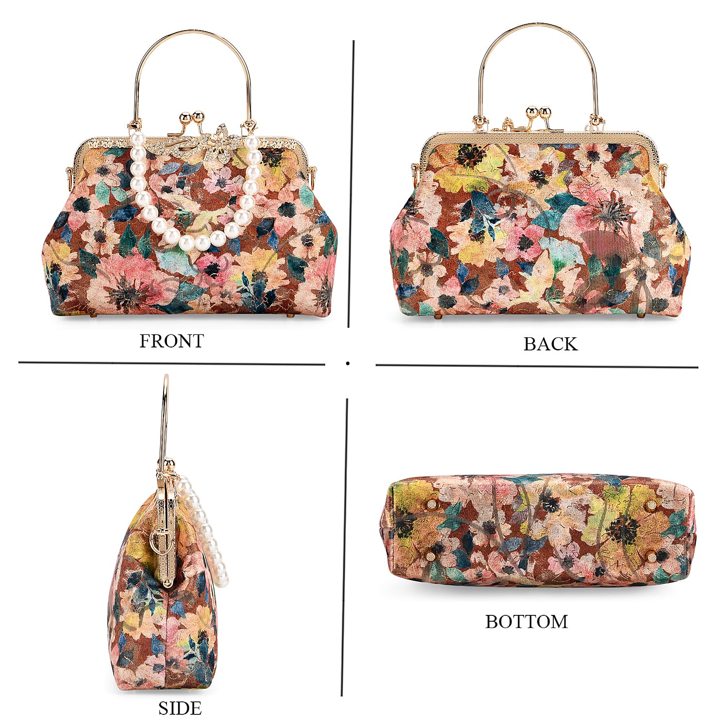 Elegant Embroidery Crystal Clutch Bag with Pearl Handle - Multicolour