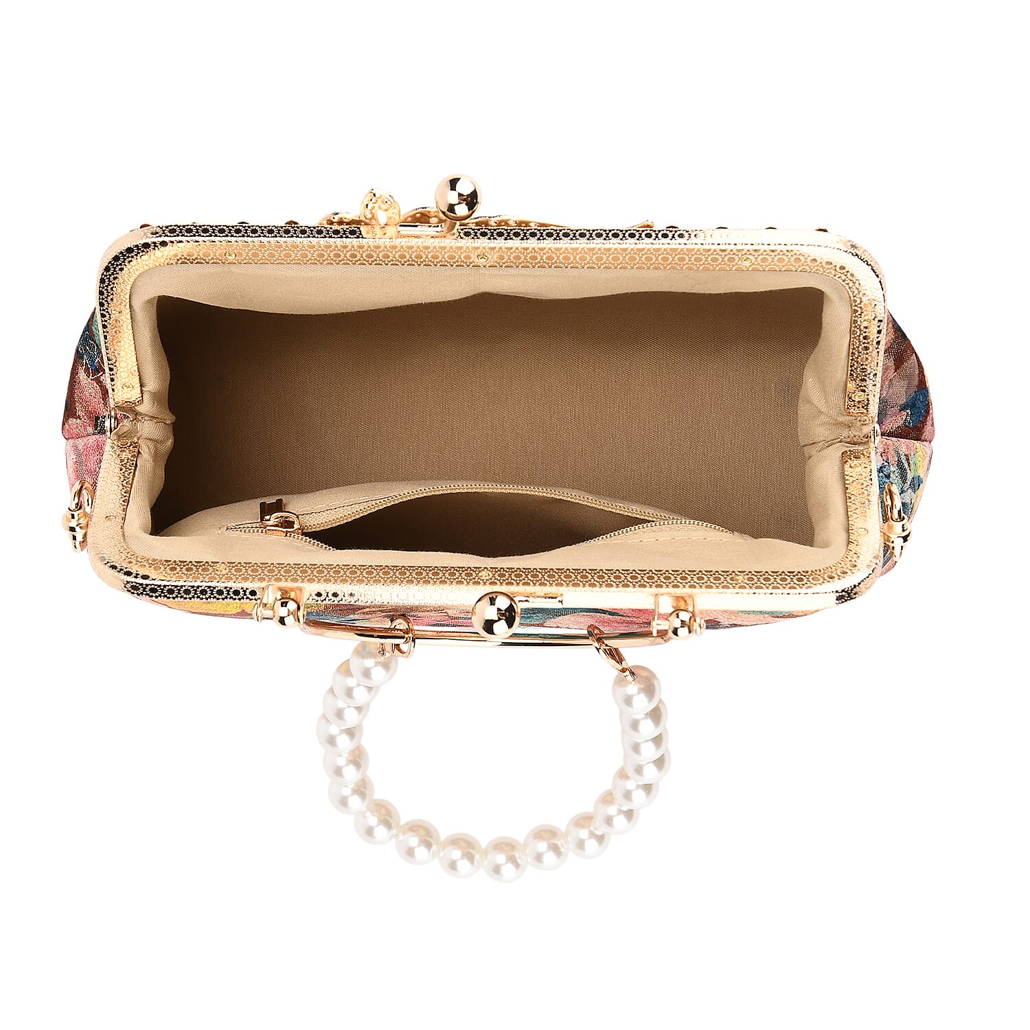 Elegant Embroidery Crystal Clutch Bag with Pearl Handle - Multicolour