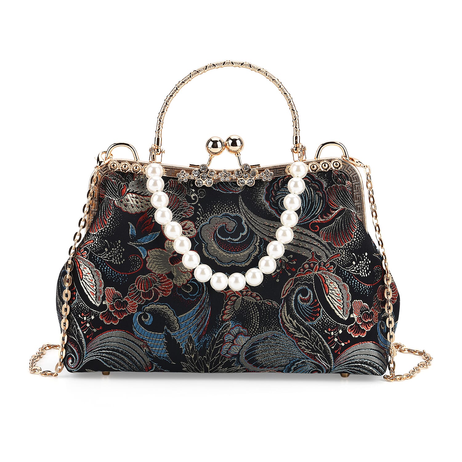 Elegant Embroidery Crystal Clutch Bag with Pearl Handle - Black & White