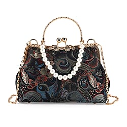 Elegant Embroidery Crystal Clutch Bag with Pearl Handle - Burgundy