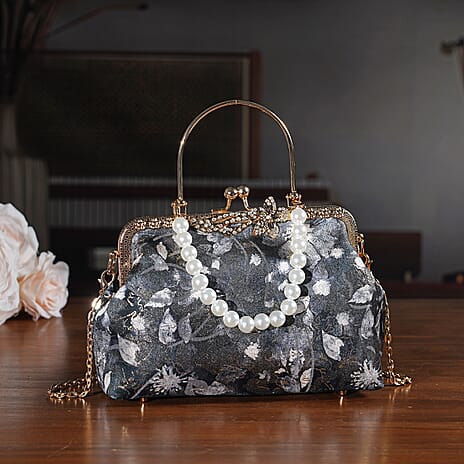 Elegant Embroidery Crystal Clutch Bag with Pearl Handle - Black & White