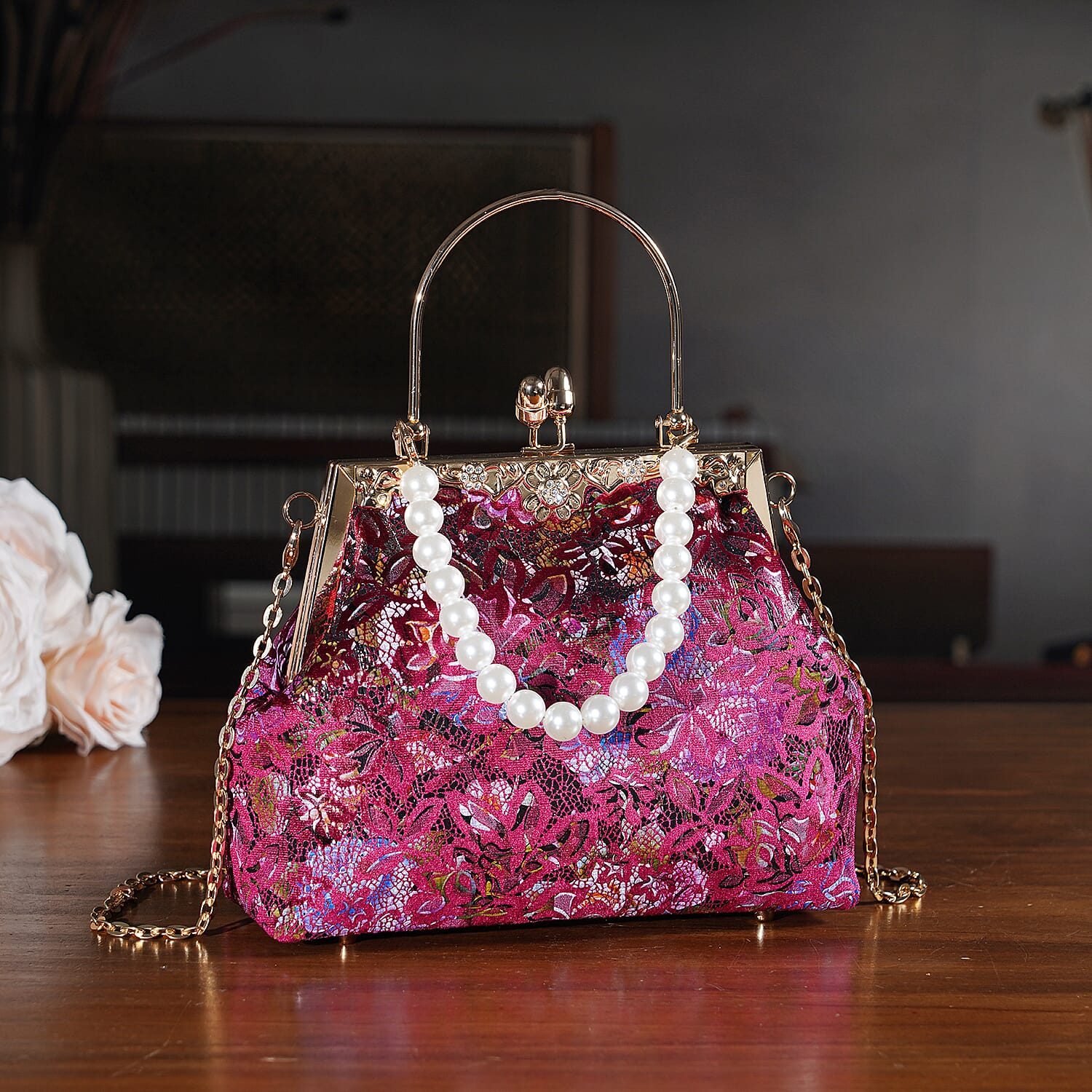 Elegant Embroidery Crystal Clutch Bag with Pearl Handle - Burgundy