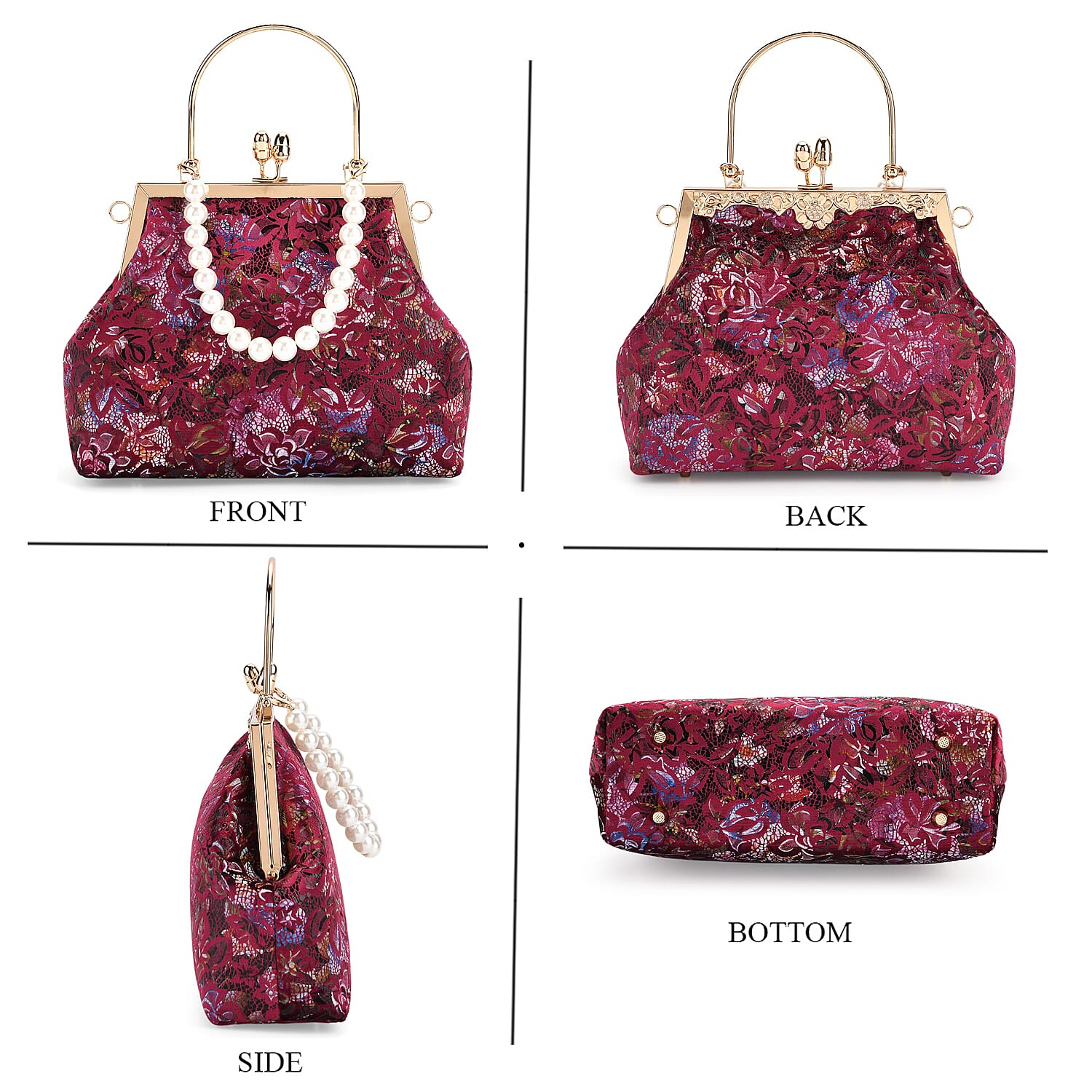 Elegant Embroidery Crystal Clutch Bag with Pearl Handle - Burgundy