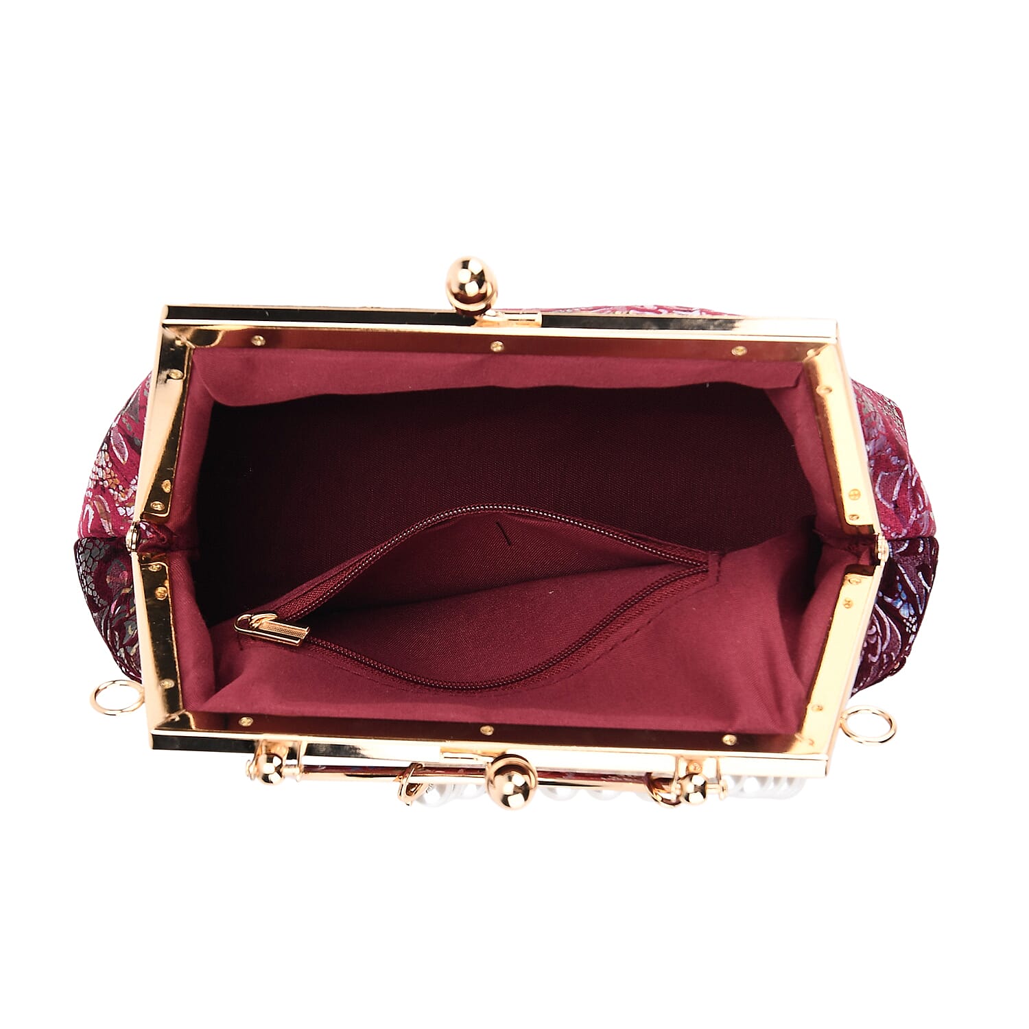 Elegant Embroidery Crystal Clutch Bag with Pearl Handle - Burgundy