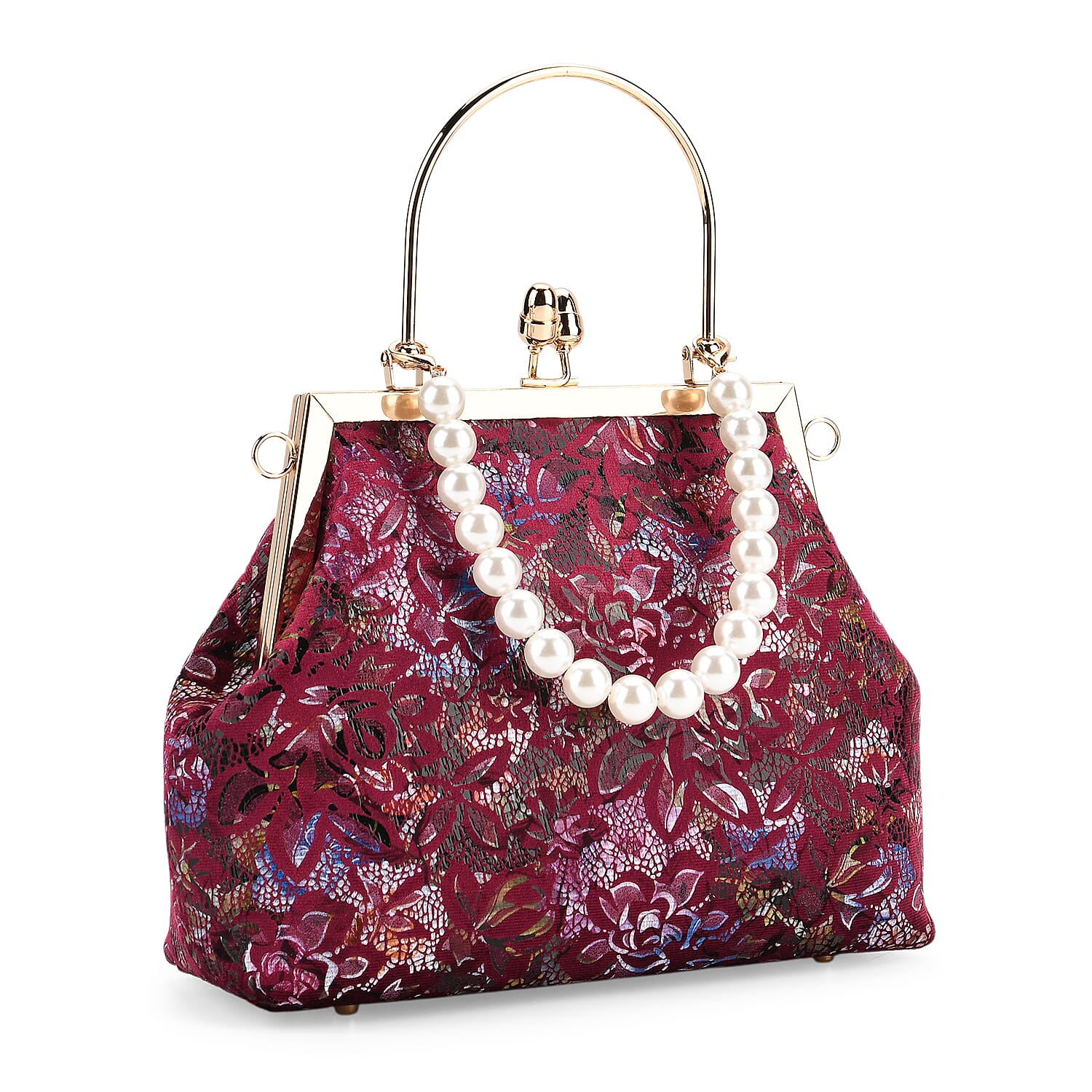 Elegant Embroidery Crystal Clutch Bag with Pearl Handle - Burgundy