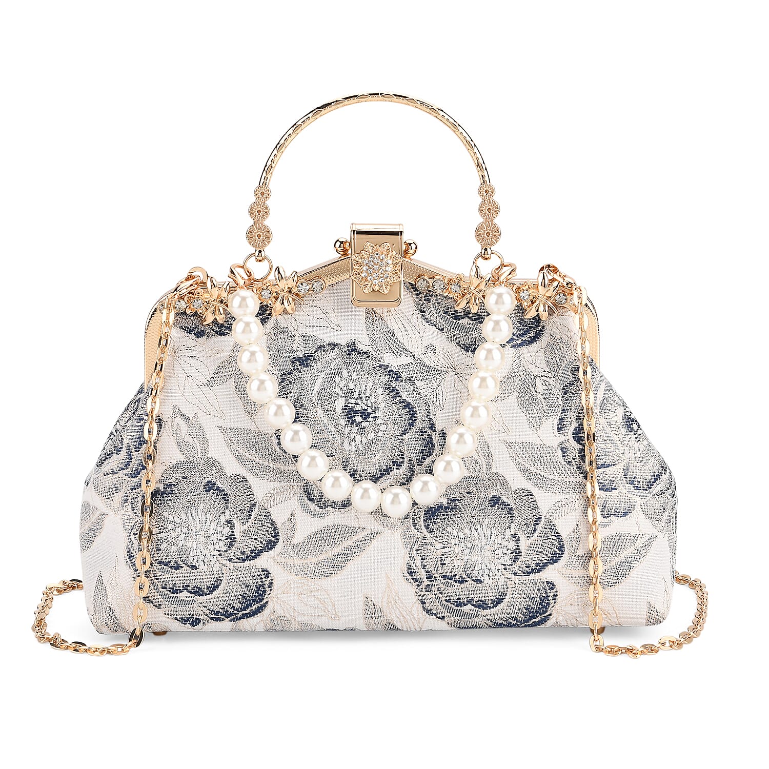 Elegant Embroidery Crystal Clutch Bag with Pearl Handle - white & Blue