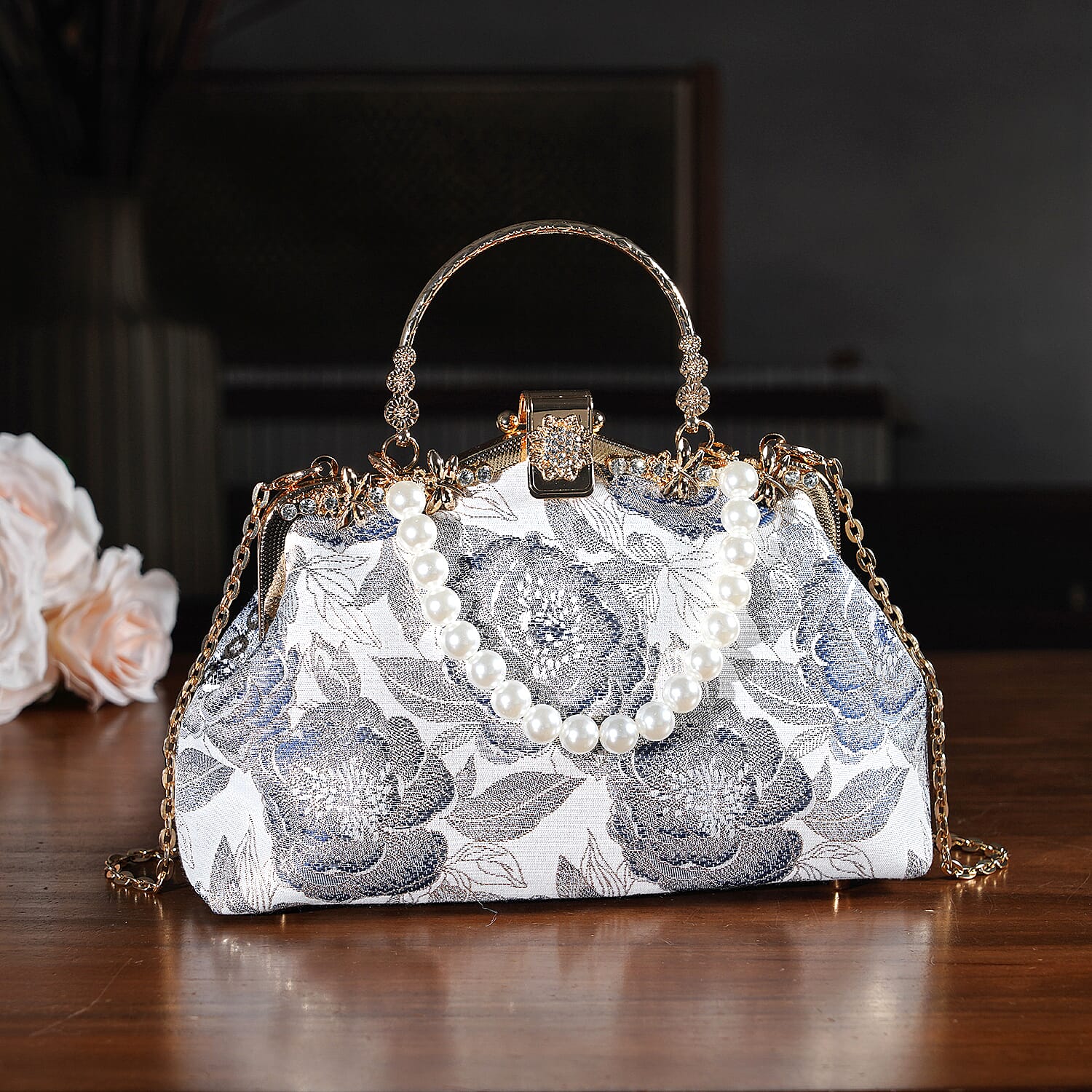 Elegant Embroidery Crystal Clutch Bag with Pearl Handle - white & Blue