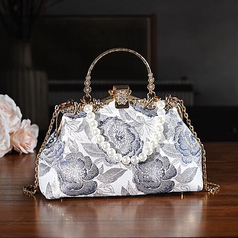 Elegant Embroidery Crystal Clutch Bag with Pearl Handle - white & Blue