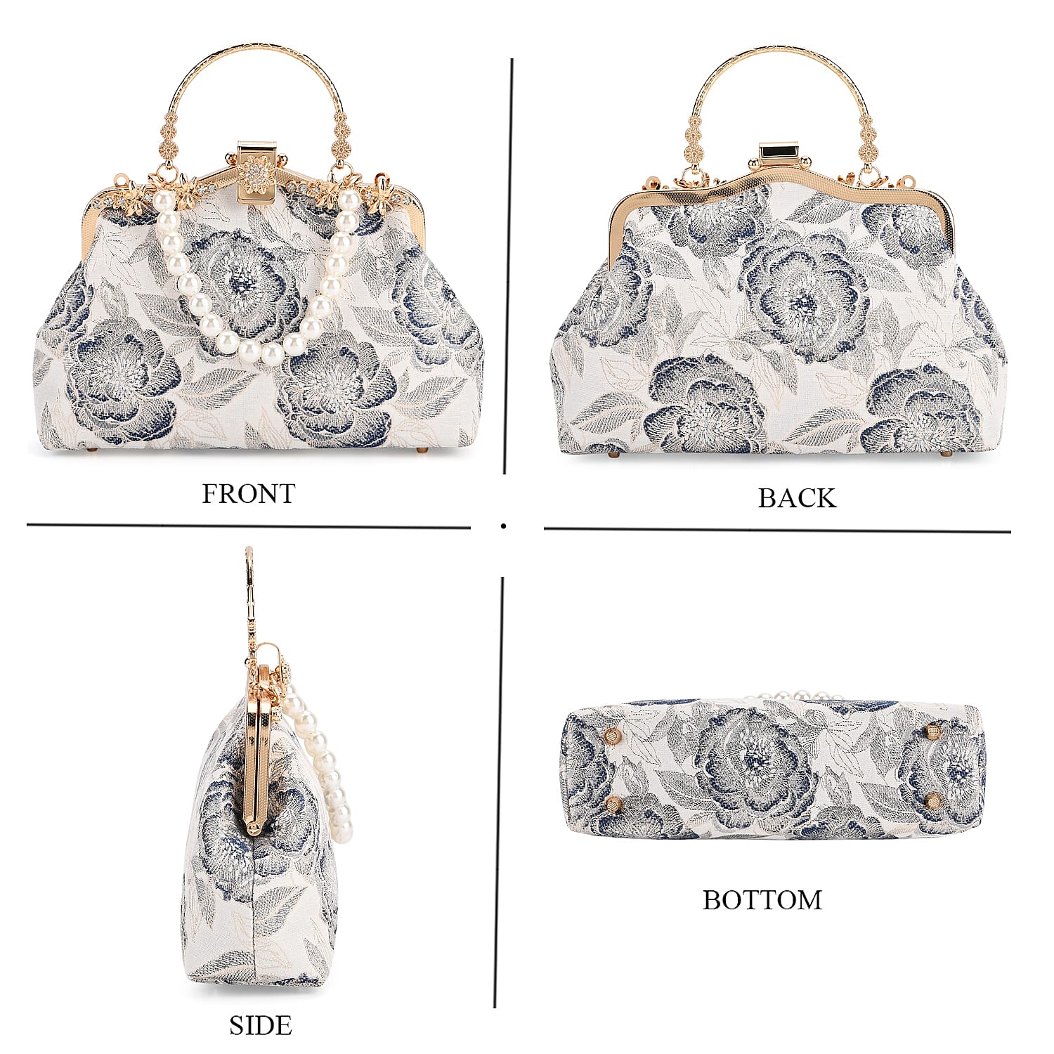 Elegant Embroidery Crystal Clutch Bag with Pearl Handle - white & Blue