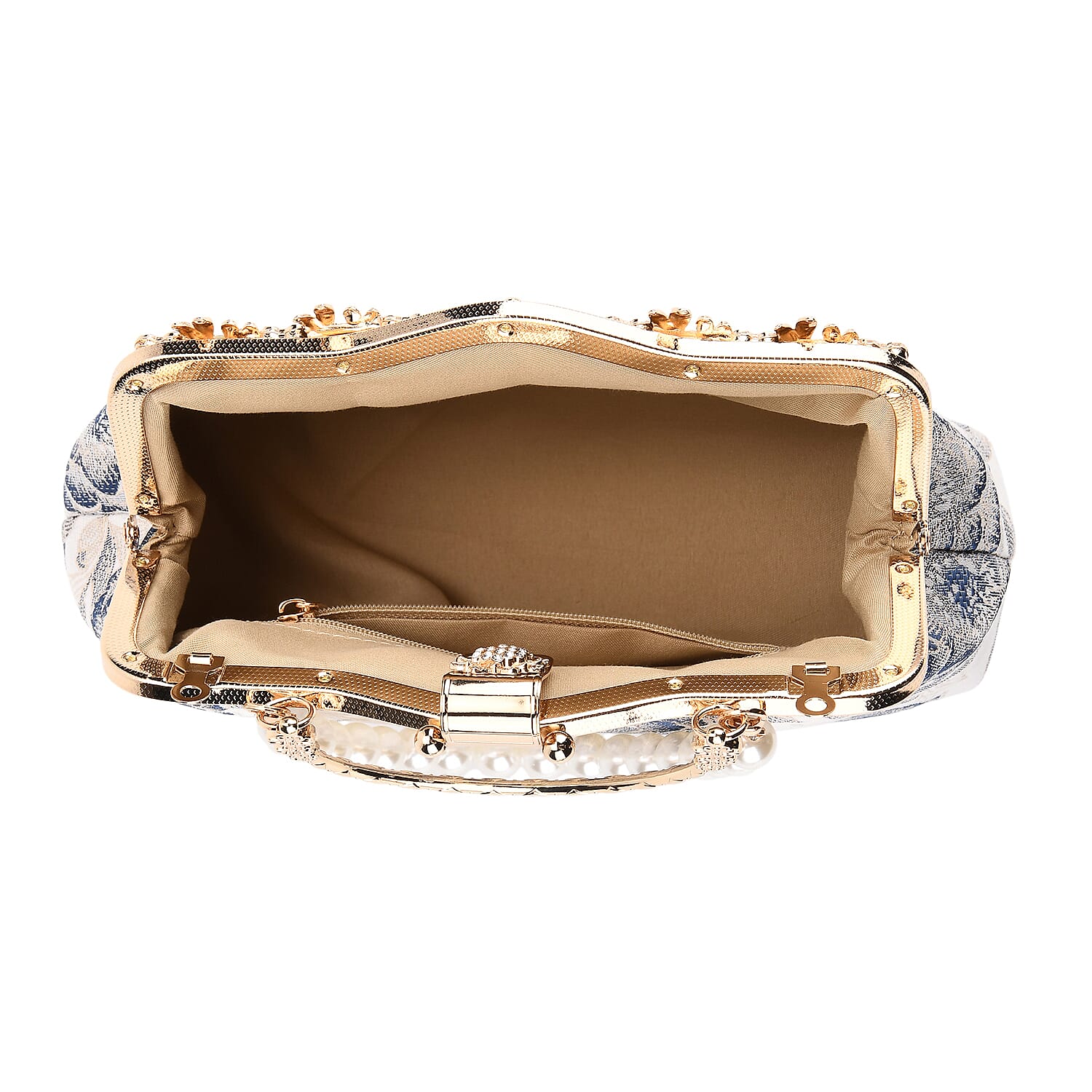 Elegant Embroidery Crystal Clutch Bag with Pearl Handle - white & Blue