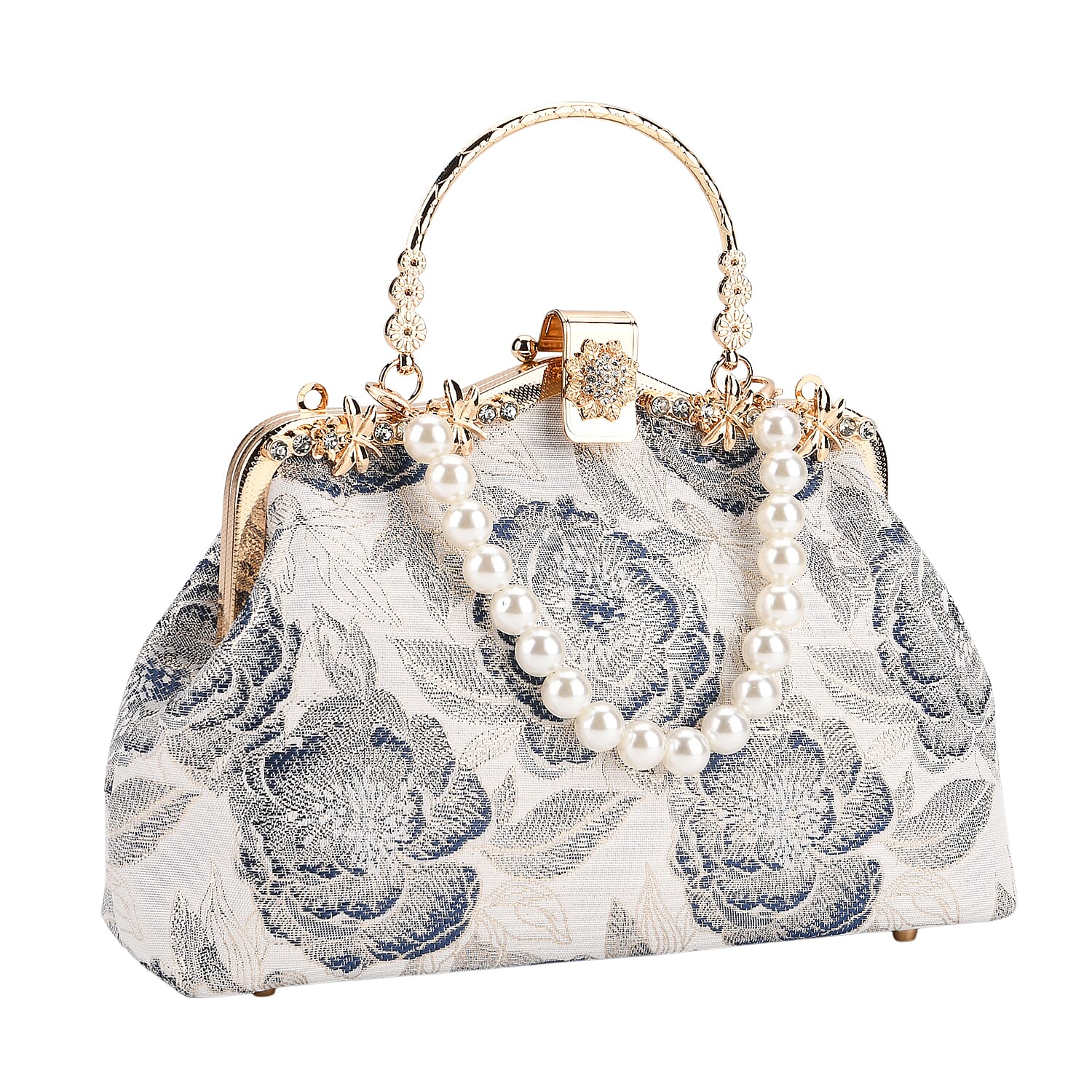 Elegant Embroidery Crystal Clutch Bag with Pearl Handle - white & Blue