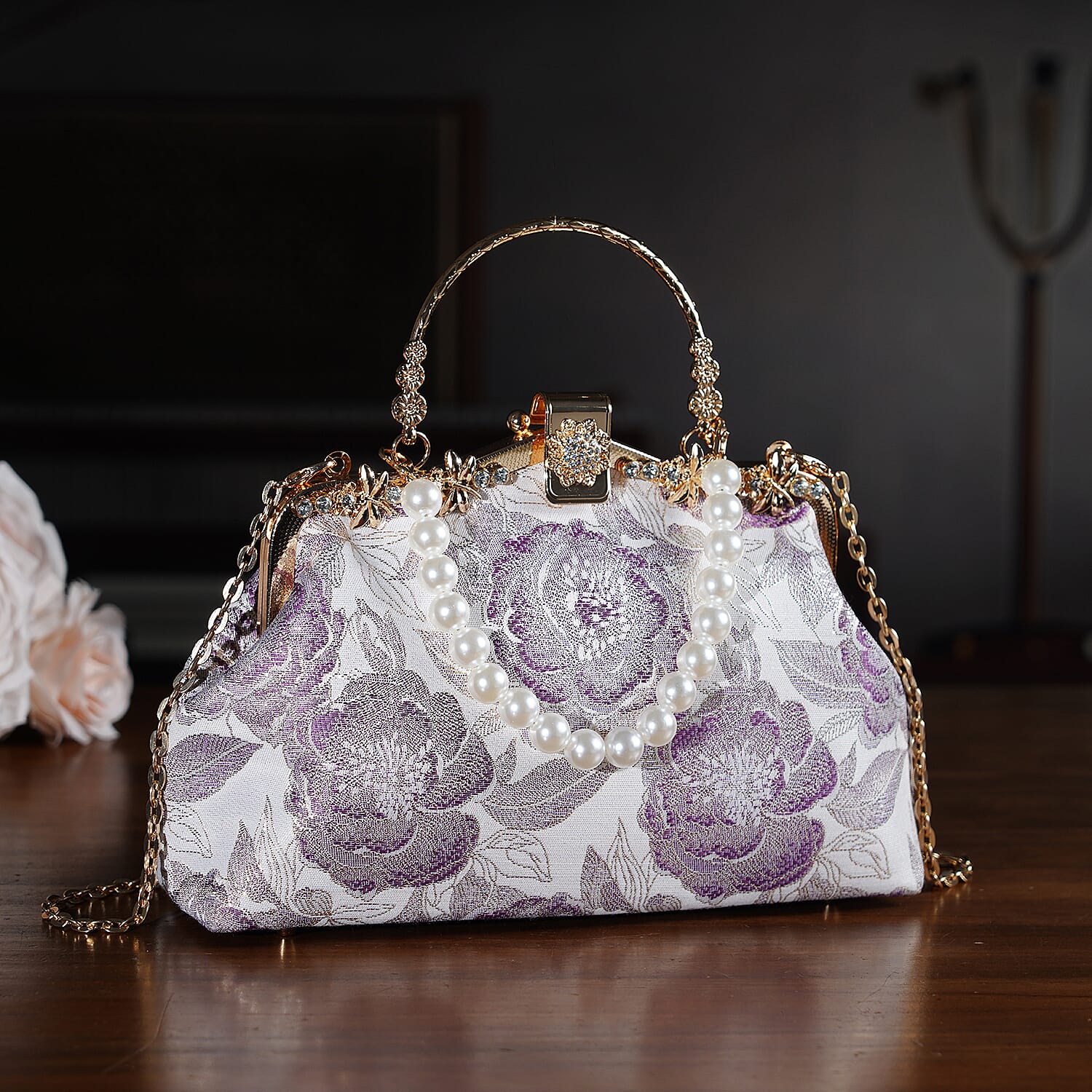 Elegant Embroidery Crystal Clutch Bag with Pearl Handle - White & Purple