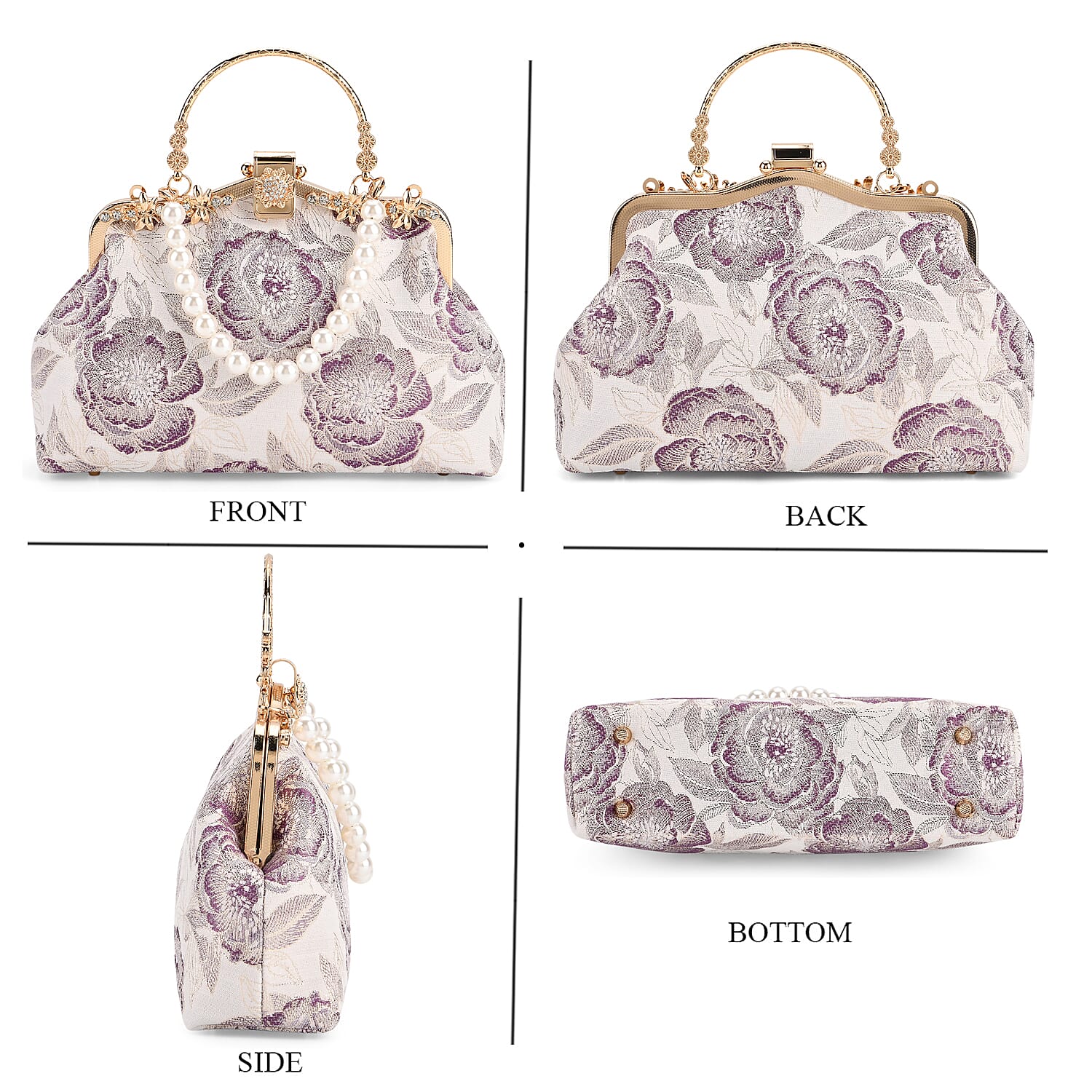 Elegant Embroidery Crystal Clutch Bag with Pearl Handle - White & Purple