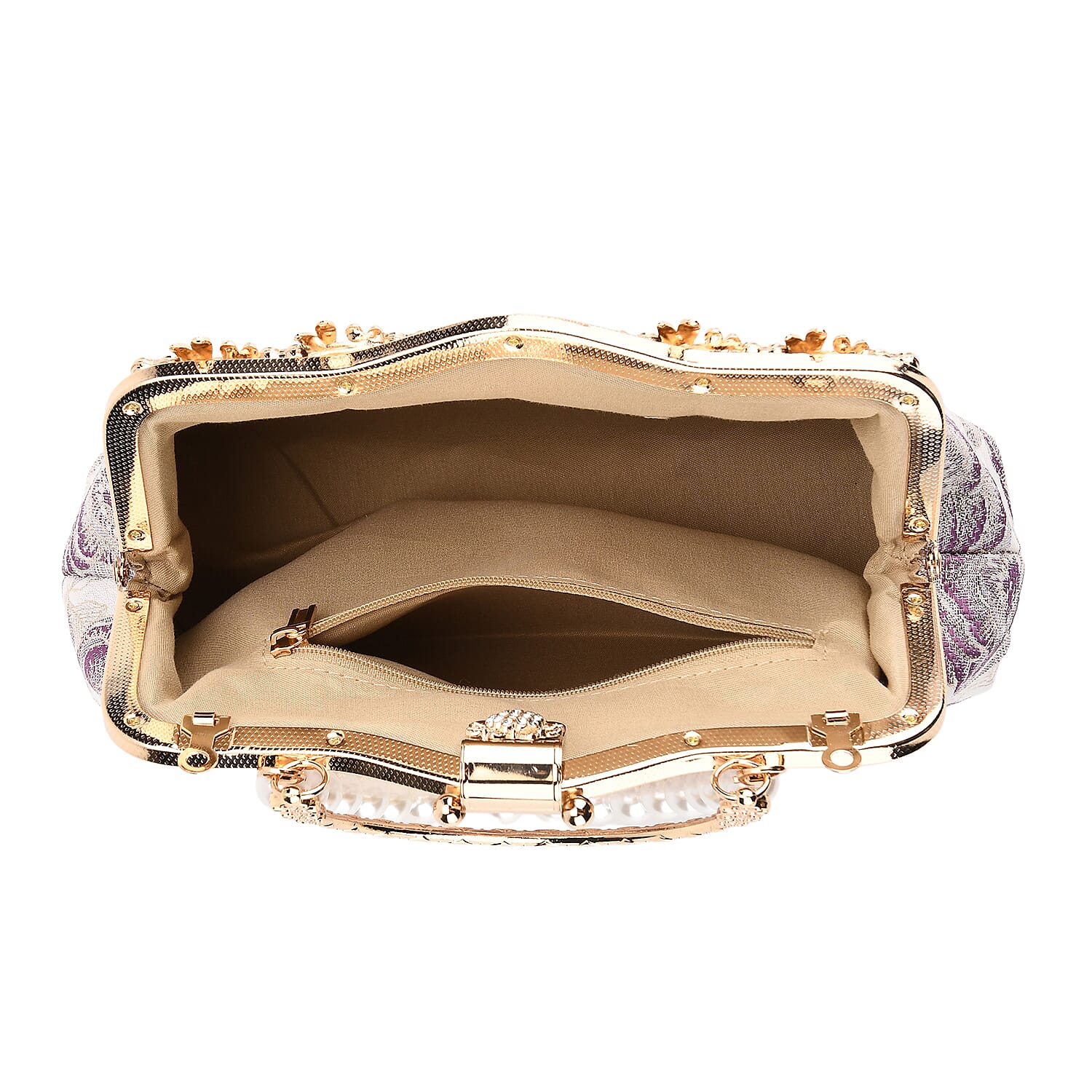 Elegant Embroidery Crystal Clutch Bag with Pearl Handle - White & Purple