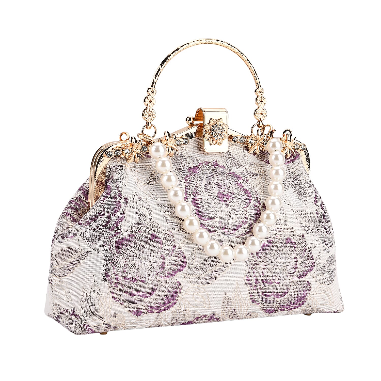 Elegant Embroidery Crystal Clutch Bag with Pearl Handle - White & Purple