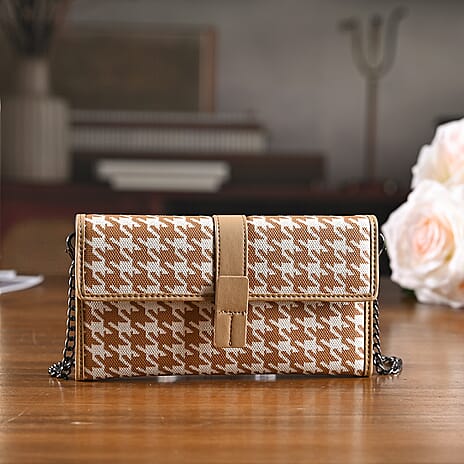 La Marey Genuine Leather Checkered Pattern RFID Crossbody Wallet - Dark Beige