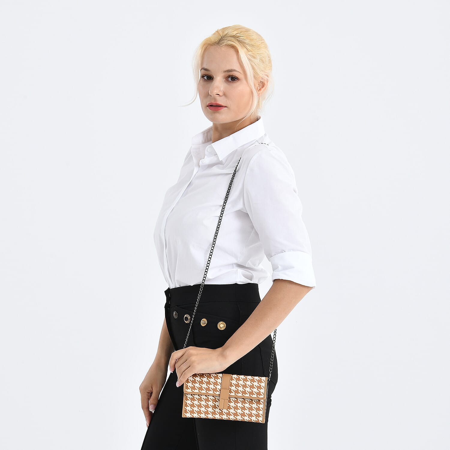 La Marey Genuine Leather Checkered Pattern RFID Crossbody Wallet - Dark Beige