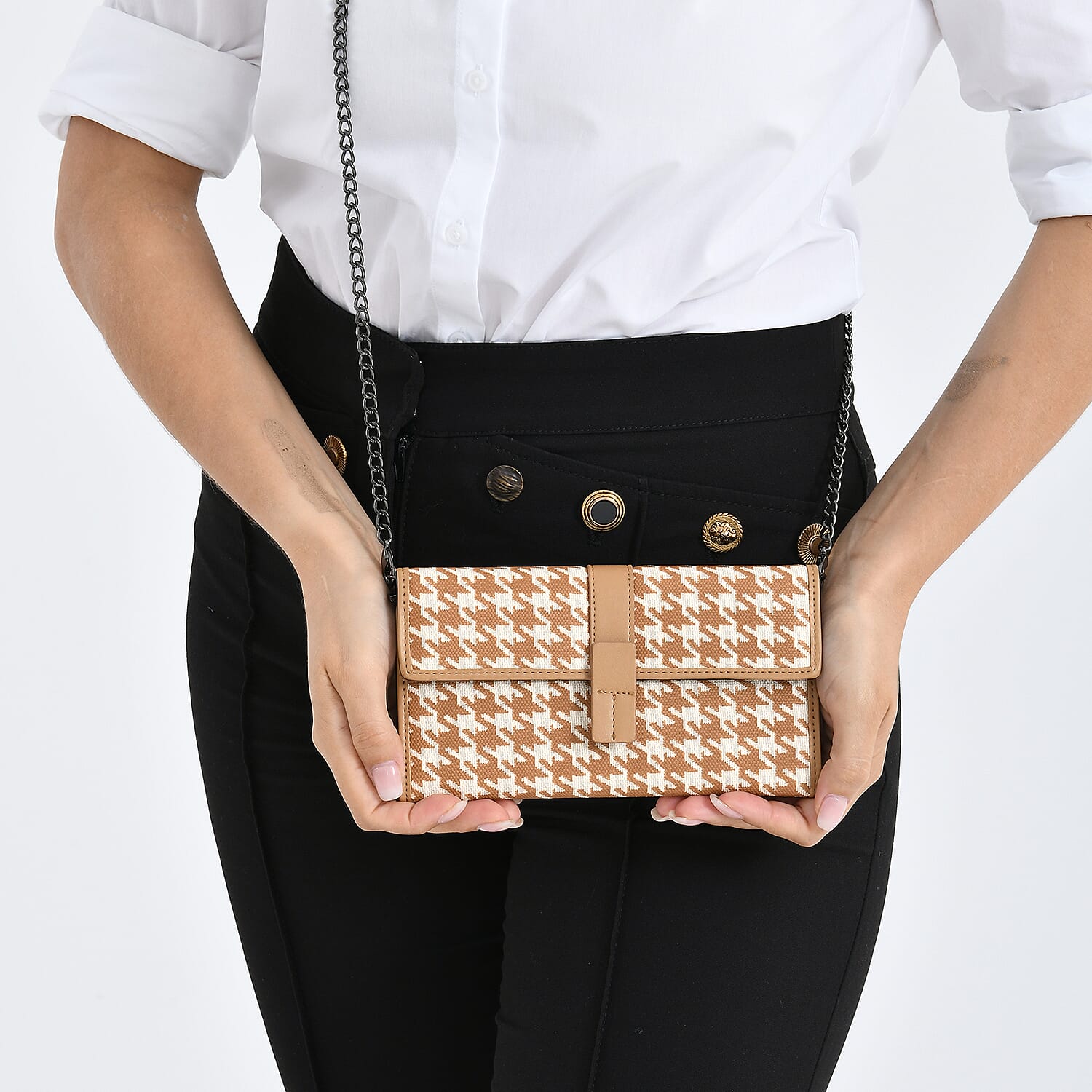 La Marey Genuine Leather Checkered Pattern RFID Crossbody Wallet - Dark Beige