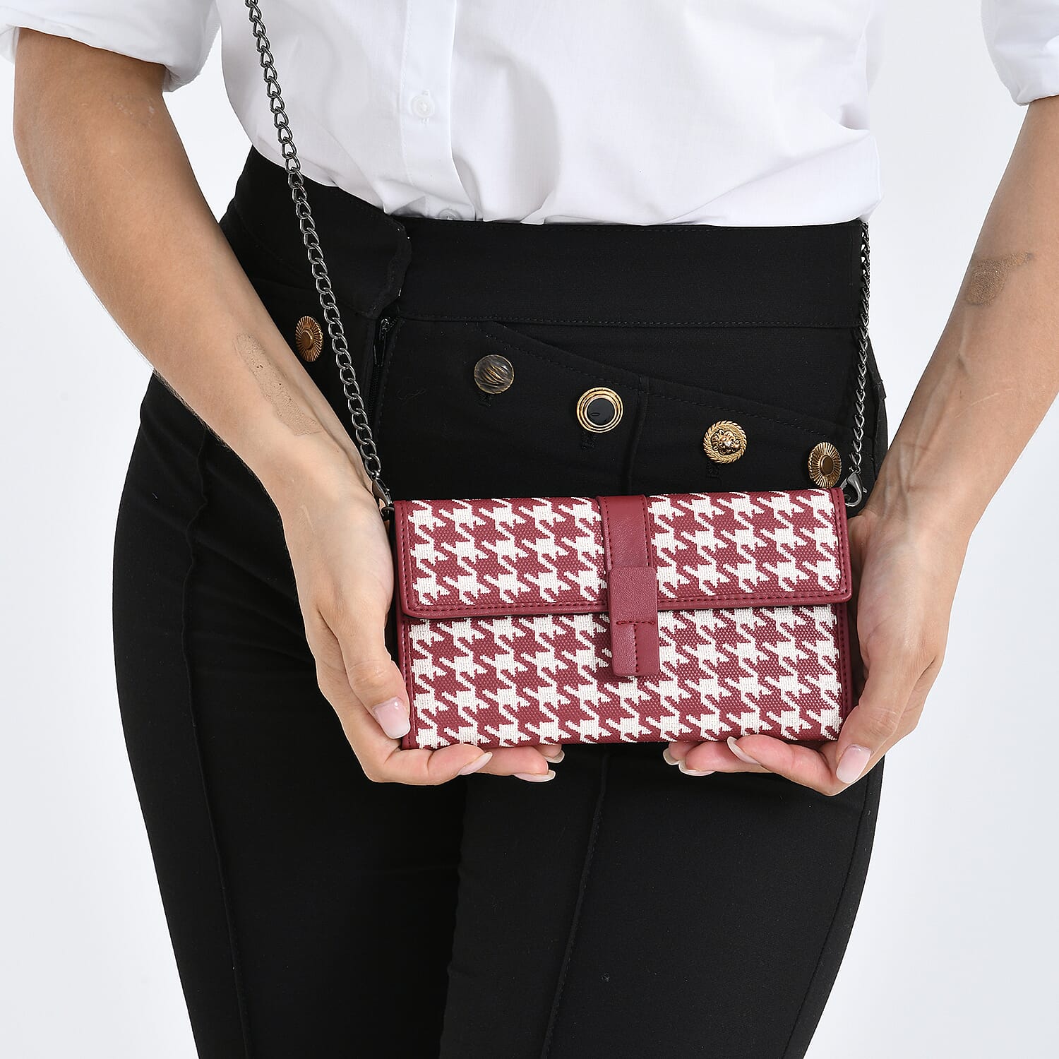 La Marey Genuine Leather Checkered Pattern RFID Crossbody Wallet  - Red