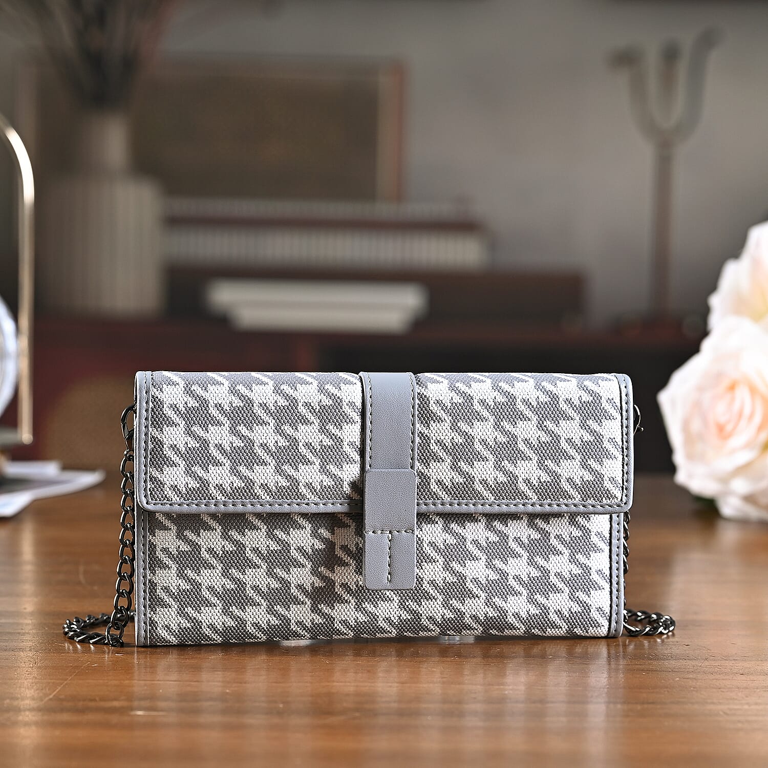 La Marey Genuine Leather Checkered Pattern RFID Crossbody Wallet - Grey