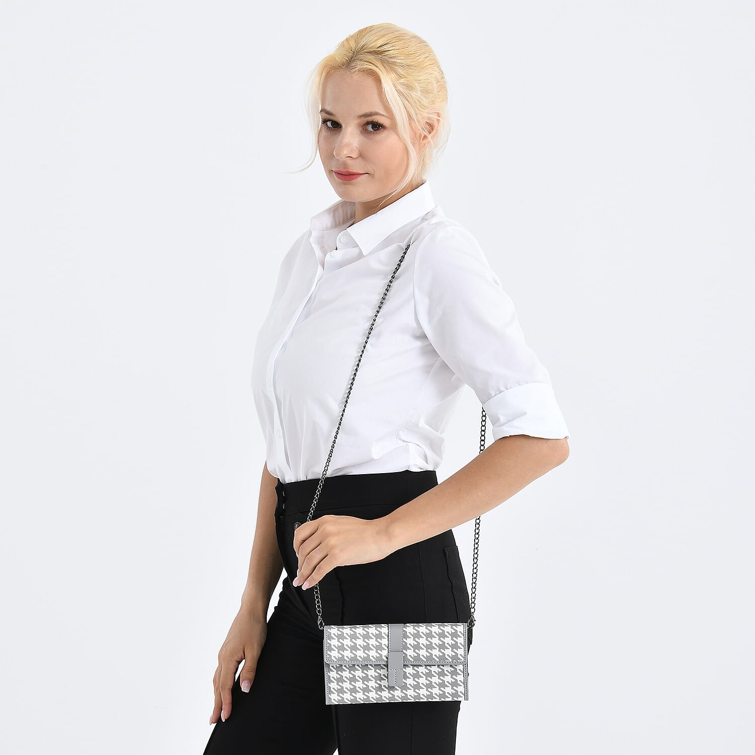 La Marey Genuine Leather Checkered Pattern RFID Crossbody Wallet - Grey