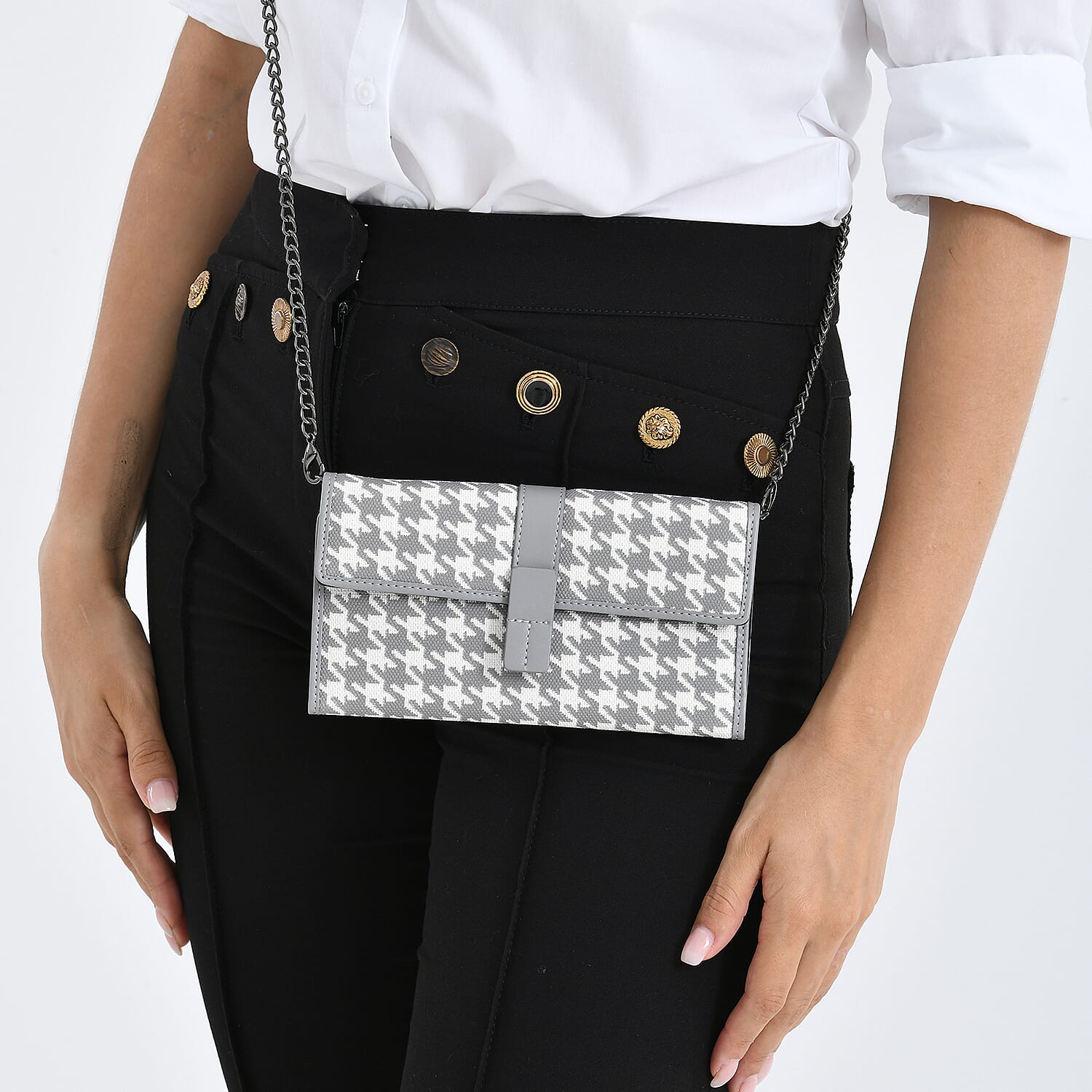 La Marey Genuine Leather Checkered Pattern RFID Crossbody Wallet - Grey