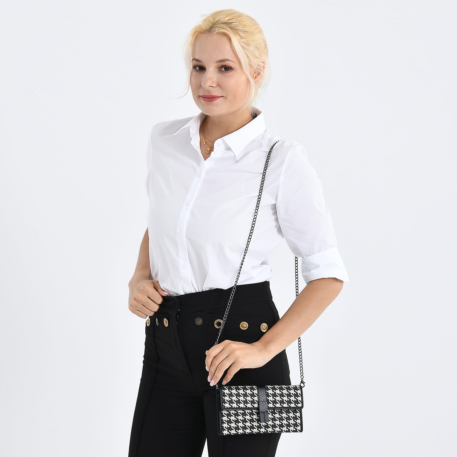 La Marey Genuine Leather Checkered Pattern RFID Crossbody Wallet  - Black