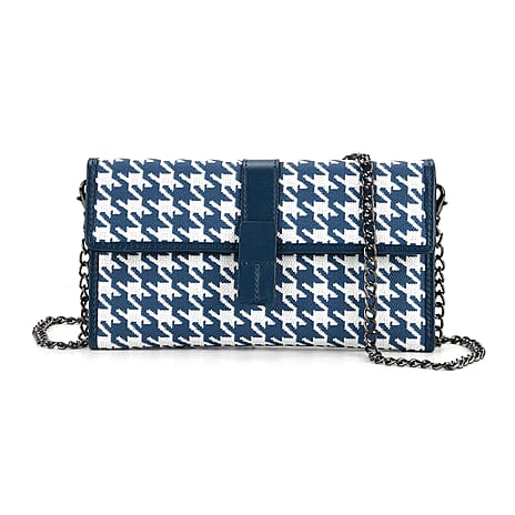 La Marey Genuine Leather Checkered Pattern RFID Crossbody Wallet  - Blue