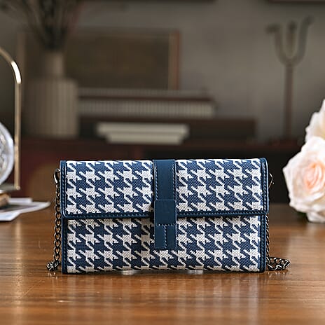La Marey Genuine Leather Checkered Pattern RFID Crossbody Wallet  - Blue