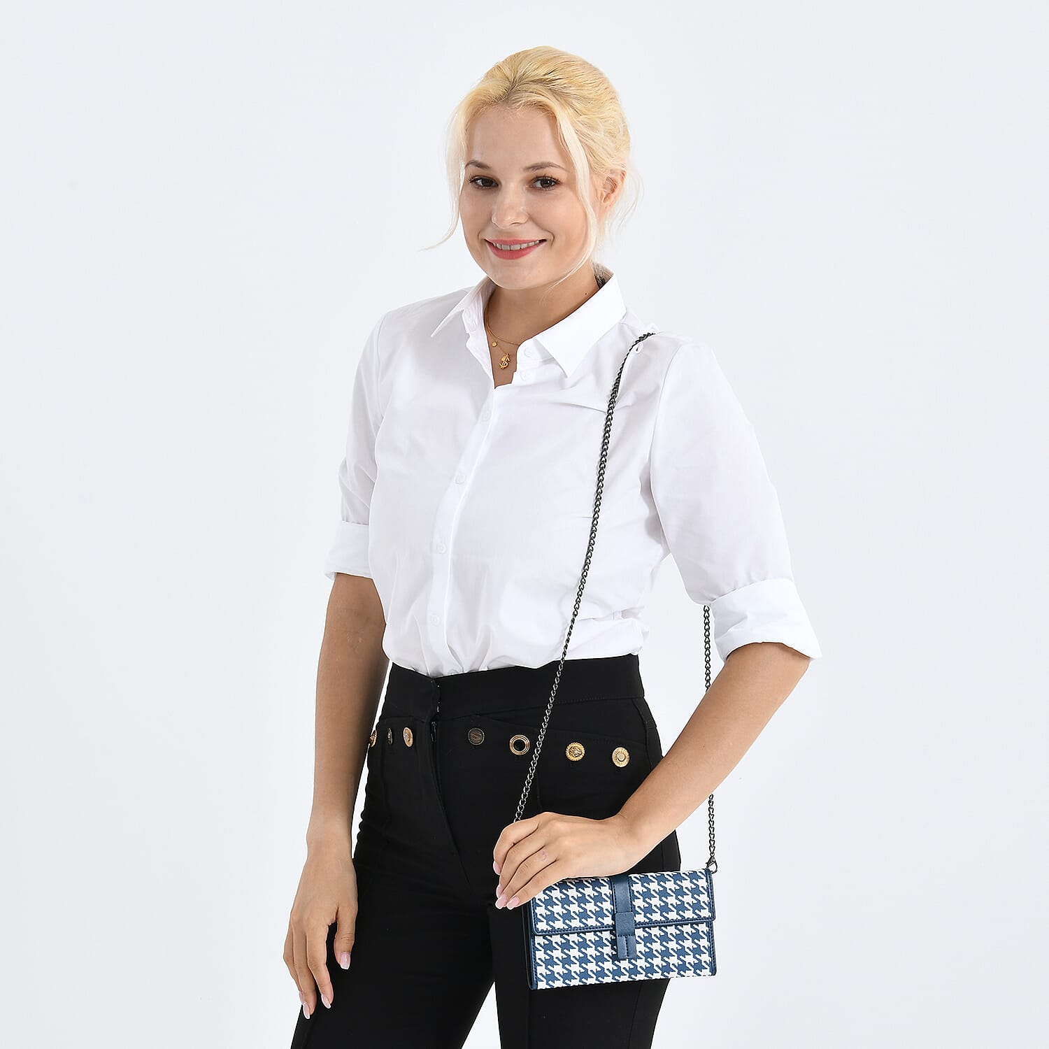 La Marey Genuine Leather Checkered Pattern RFID Crossbody Wallet  - Blue