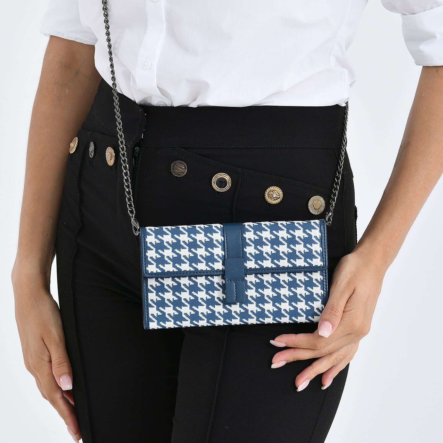 La Marey Genuine Leather Checkered Pattern RFID Crossbody Wallet  - Blue