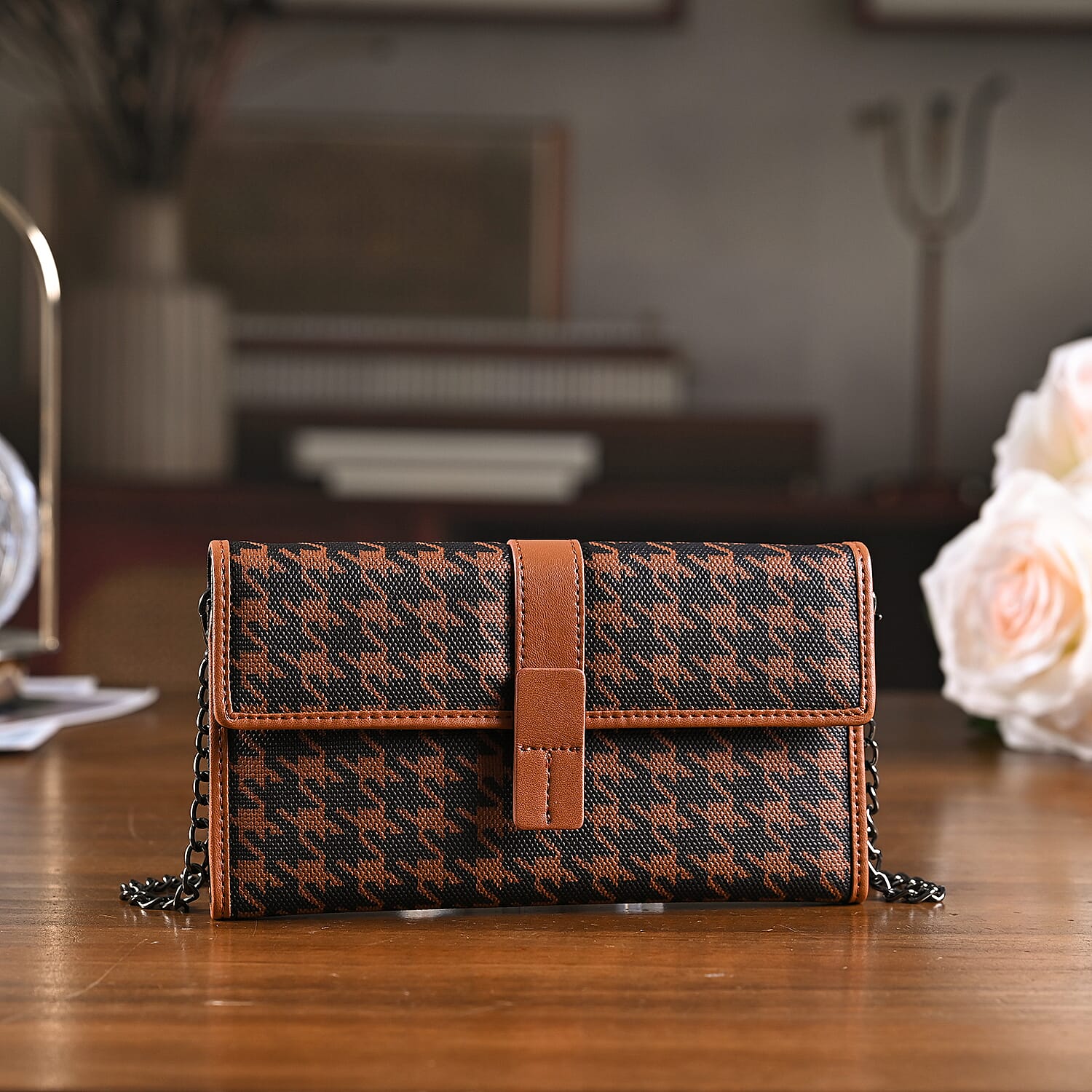 La Marey Genuine Leather Checkered Pattern RFID Crossbody Wallet  - Brown