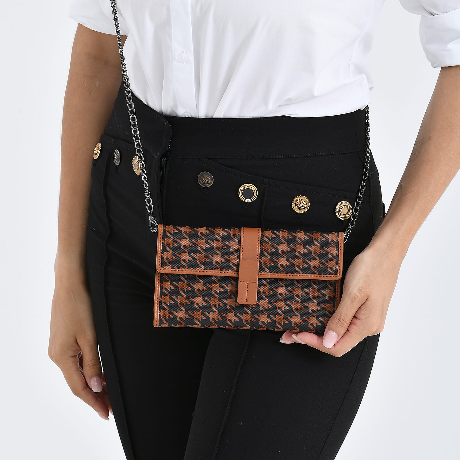 La Marey Genuine Leather Checkered Pattern RFID Crossbody Wallet  - Brown