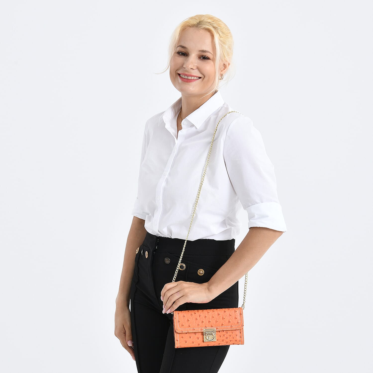 La Marey Signature Genuine Leather Sling Wallet with Built-in RFID with Chain Strap (120 cm) - Orange