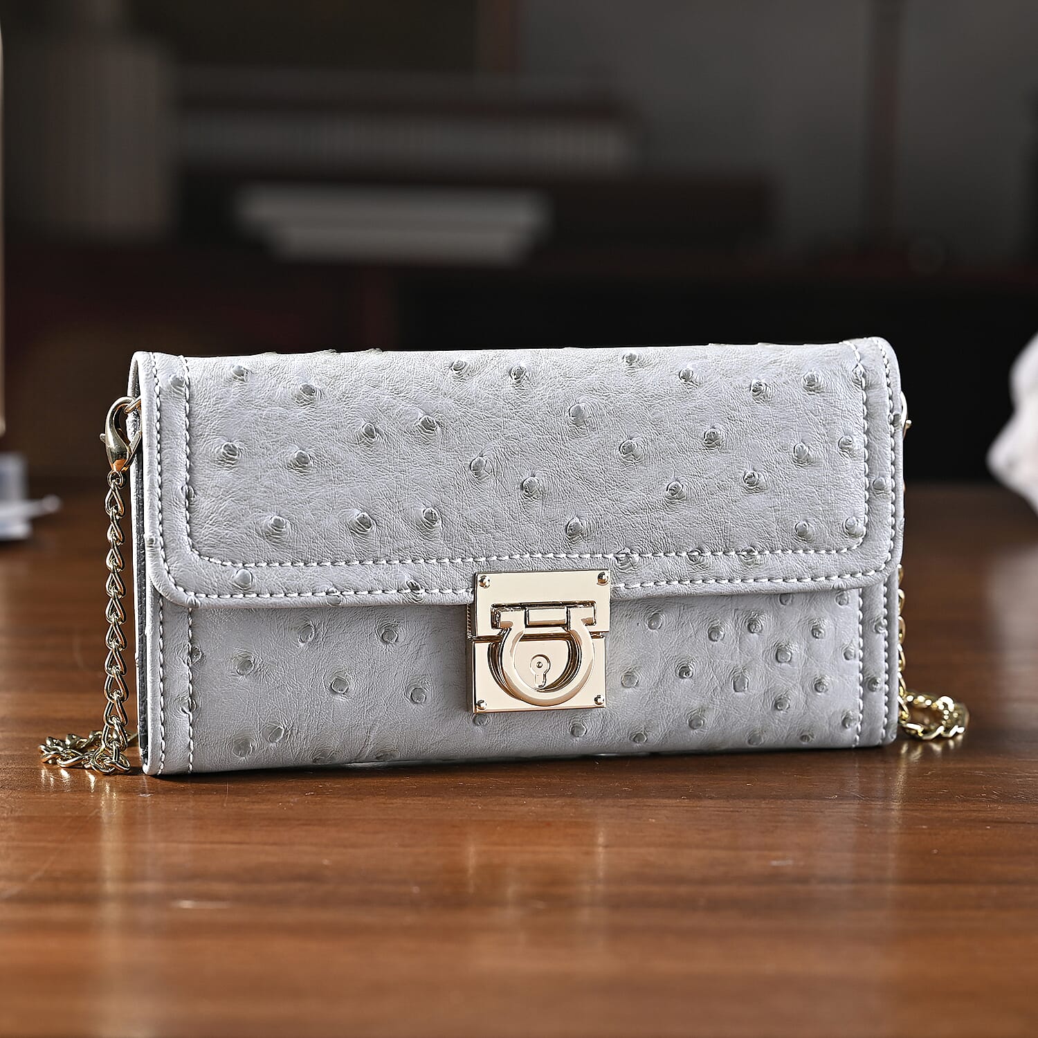 La Marey Signature Genuine Leather Sling Wallet with Built-in RFID with Chain Strap (120 cm) - Grey