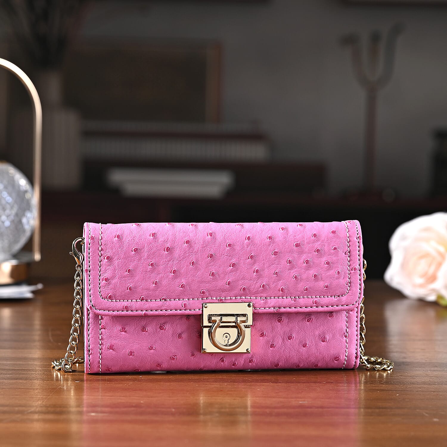 La Marey Signature Genuine Leather Sling Wallet with Built-in RFID with Chain Strap (120 cm) - Rose Pink